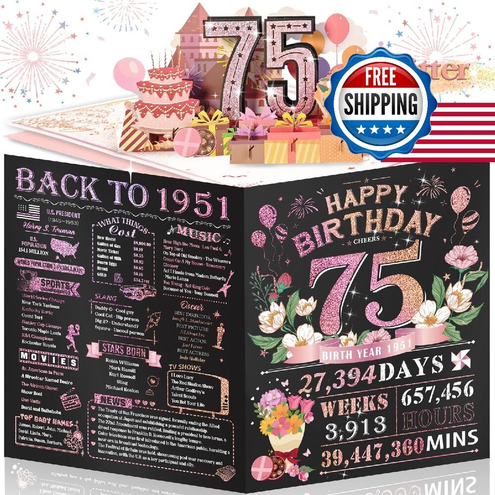 75th Birthday Pop Up Card for Women, Large 3D w/Facts & Envelope